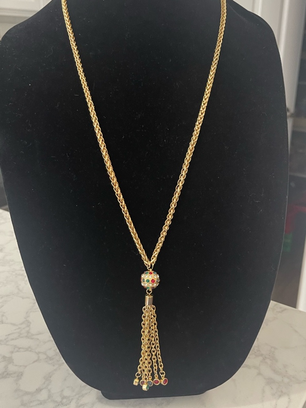 Gold Tassel Pendant Necklace with Multicolor Accent